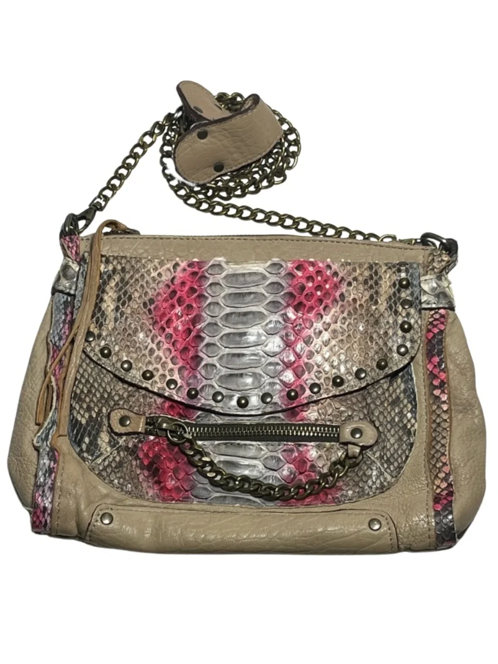 ABACO Paris Made France Leather Python Embossed Chain Crossbody Bag Pink Taupe